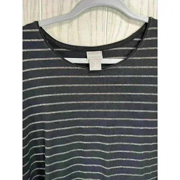 Chicos Top Sz 3/XL Black Gold Metallic Stripe Long-Sleeve Round Neck Layering - Picture 3 of 9